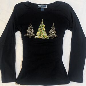 Karen Scott Black Long Sleeve Tee with Festive Tree Motif